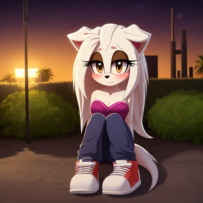 white borzoi dog, (Mobian), female, (2d art, cel shading), dog ears, tall tail, white hair, long hair, (white ears), (floppy ears), brown eyes, white fur, ((brown eyelids)), looking at viewer, blushing, shy, portrait, medium breasts, strapless crop top (knitted), baggy pants, high-top laceless sneakers, mansion garden, night, lights, beach, detailed background, masterpiece, 4k, high quality, studio quality, extreme detail, perfect detail, max detail,