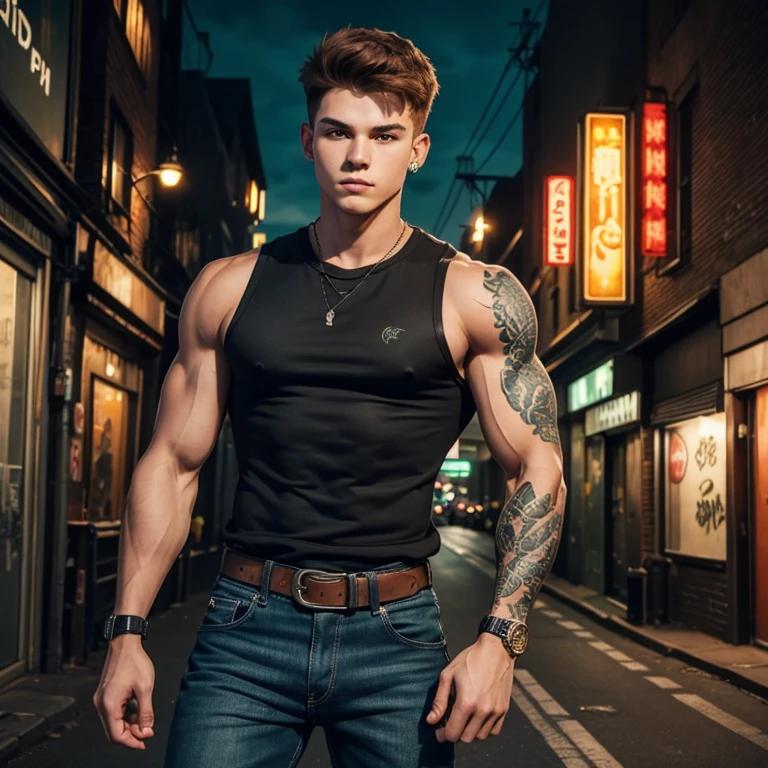 20 year old guy open sleeveless green sweatshirt black sleeveless shirt with full dragon print muscular slim reddish brown hair messy blue jeans black belt looking straight at viewer street background graffiti at night 