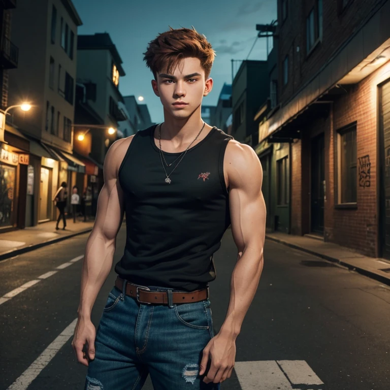 20 year old guy open sleeveless green sweatshirt black sleeveless shirt with full dragon print muscular slim reddish brown hair messy blue jeans black belt looking straight at viewer street background graffiti at night 