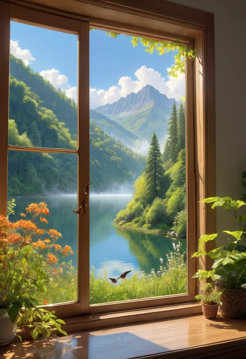 1girl, The View Outside the Window, (4k,8k,highres,:1.2),ultra-detailed,(realistic,photorealistic,photo-realistic:1.37),indoor view,window view,outside scene,outdoor scenery,breathtaking landscape,panoramic view,serene atmosphere,clear blue sky,rolling hills,green meadows,colorful flowers,trees swaying in the wind,sun shining brightly,golden sunlight streaming in through the window,glimmering lake in the distance,crystal-clear water,reflection of the sky on the water surface,lush forests,majestic mountains on the horizon,peaceful countryside,tranquil setting,quiet ambiance,gentle breeze rustling the leaves,morning mist over the fields,tiny birds chirping,soft rays of sunlight illuminating the room,nature's beauty at your doorstep,serenity of the outside world,boundless beauty right outside the window . masterpiece, best quality, very aesthetic, absurdres, aesthetic