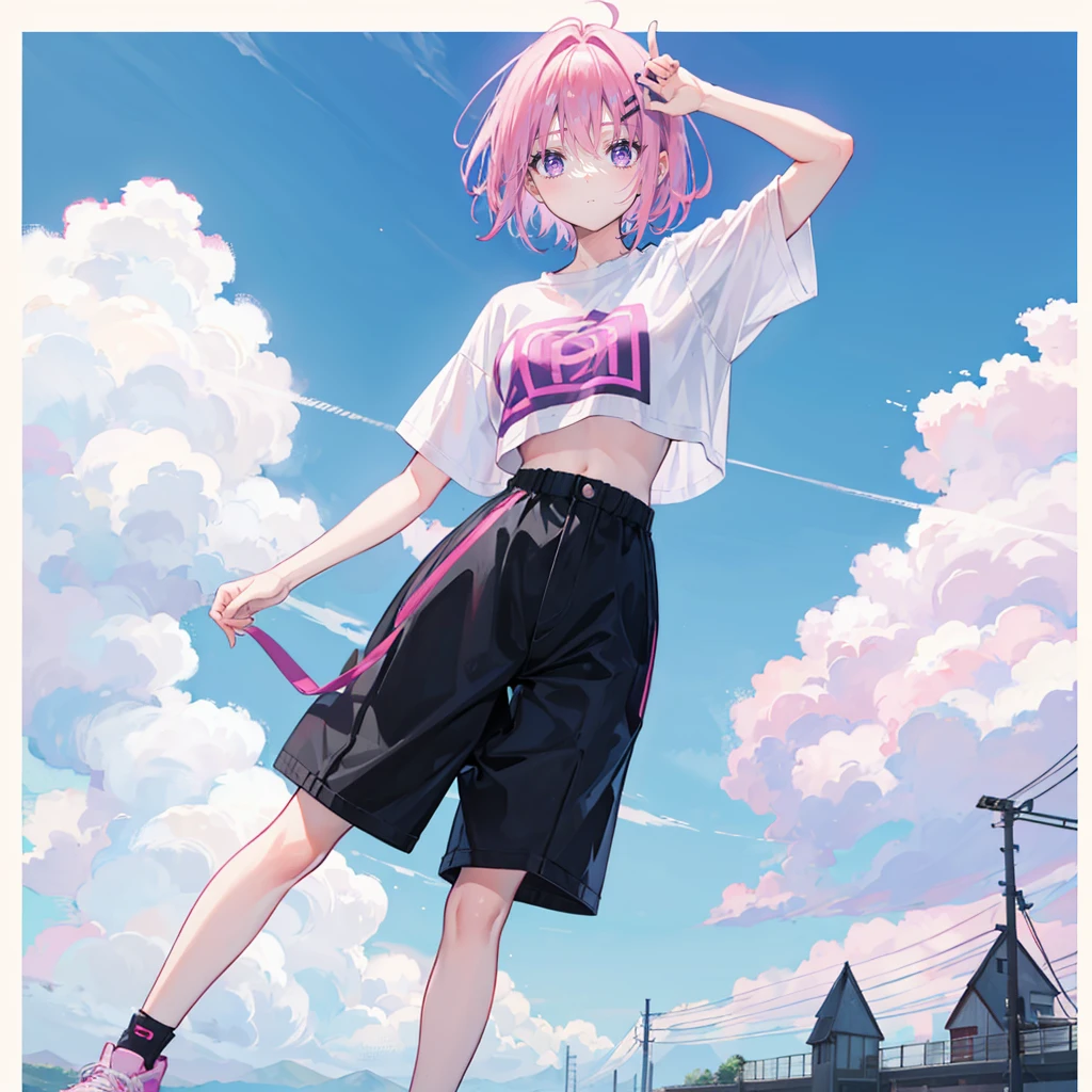 pink hair,purple eyes,short hair,sister head,earring ,Two black hairpins,girl,cute,,White short sleeves,boot cut pant,crop topping,Wearing sneakers,Stand up exercise,whole body,Don't show your arms,The background is the port,Blue sky and white clouds,