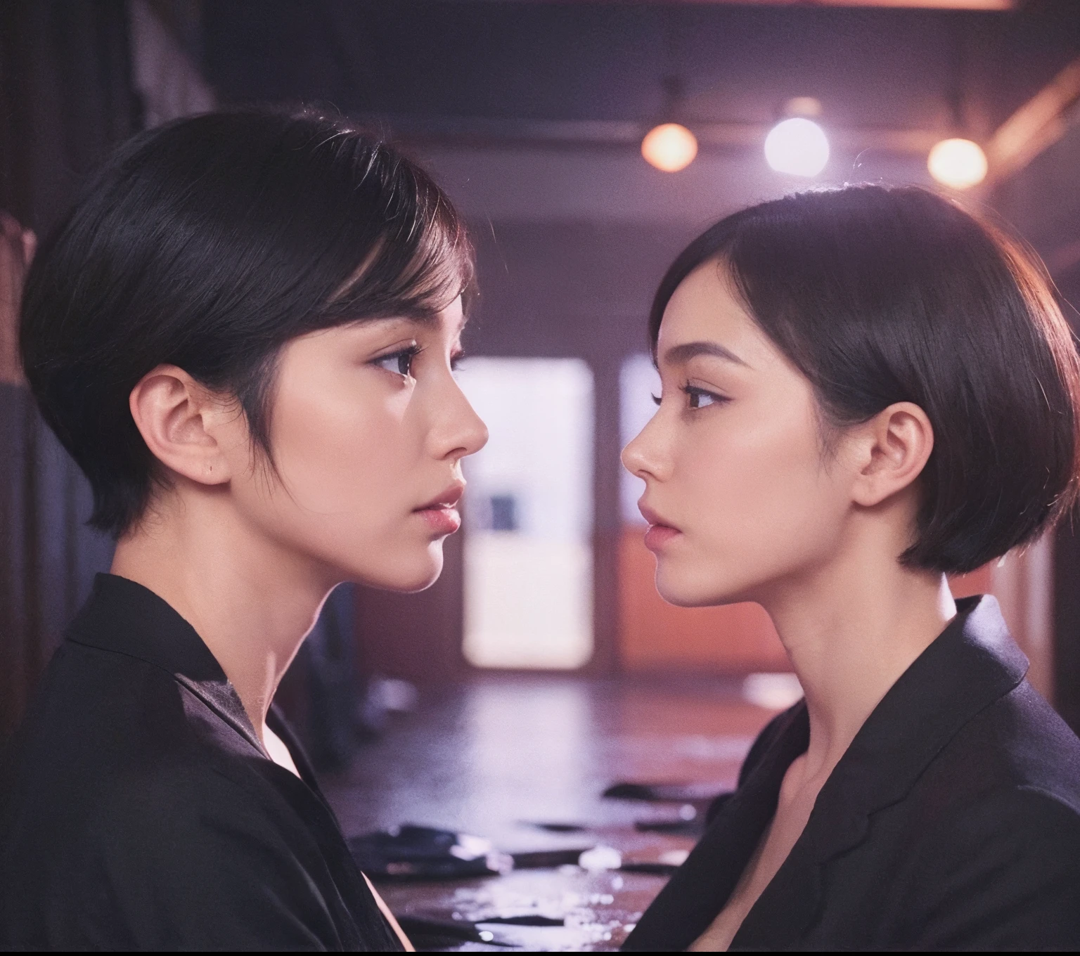 (Best quality, 8k, 32k, Masterpiece, UHD:1.2) "Generate a captivating artwork featuring a young Japanese girl model with short, sleek black hair styled in a chic bob haircut. Envision her bathed in dramatic cinematic lighting, creating an atmosphere of allure and mystery. Emphasize a romantic aesthetic vibe, showcasing the model in a poised and elegant pose that evokes a sense of intimacy and sophistication. Utilize warm and soft tones to enhance the romantic ambiance, and consider incorporating elements like flowing fabrics or flowers to add a touch of ethereal beauty. Capture the essence of romance and beauty through the model's expression, the play of light and shadows, and the overall aesthetic, creating a visually compelling and emotionally resonant piece." (perfect eyes), flawless skin, flawless face, cinematic, tight body, ((well-proportion female hands)), ((female hands with five digits)) ((Body is well proportioned)), ((chic bob haircut)), soft focus ((Short Black Hair)), 