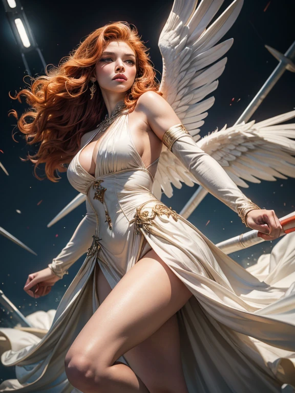 (best quality,8k:1.2,high resolution:1.2),epic image,glorious appearance,ultra-detalhado,Realistic,vintage godess female,long red curly hair,rosto extremamente detalhados,long eyelashes,big angel wings,soft white dress,suntan tights,metalic accessories,Physically-based rendering,sharp focus,studio lighting