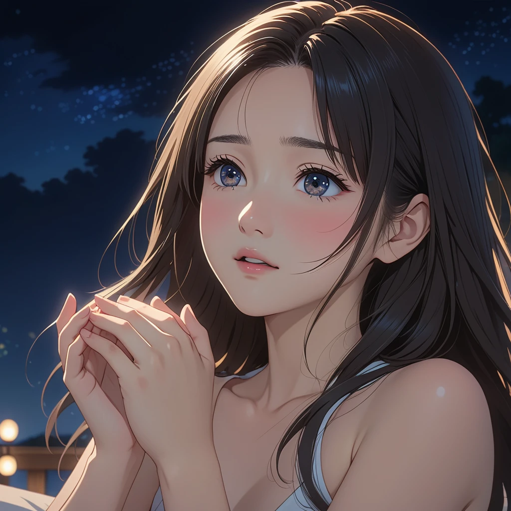 masterpiece, High resolution, illustration, kyoto animation style, Your name is cinematic style, night, midnight, Light, (1 female: 1.3), (alone: 1.4), long eyelashes, long hair, nose blushing, futon, dancing, naked, face close-up, Hide with hands , Hide with hands,