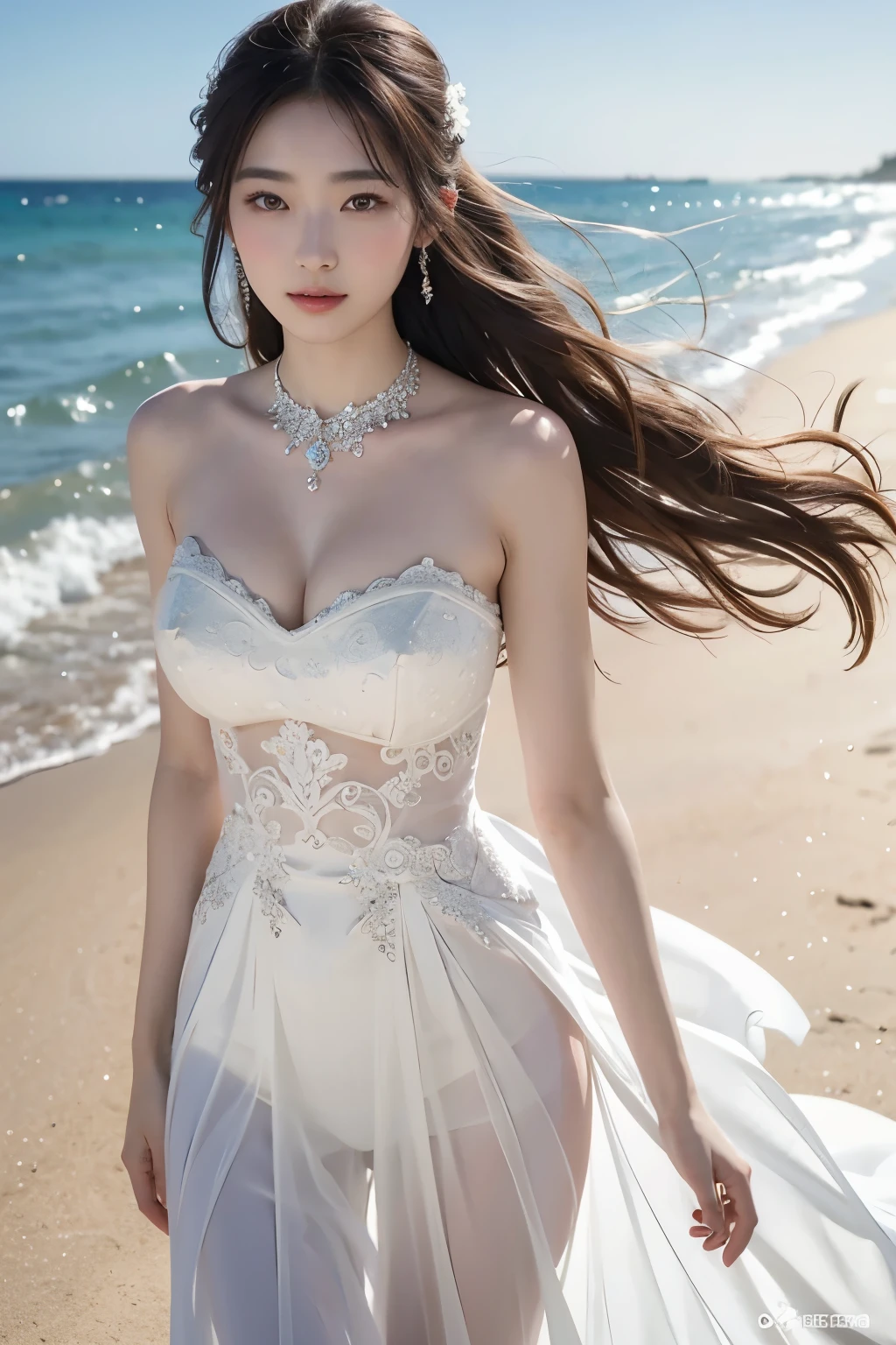 Highly detailed CG Unity 8k wallpaper, top quality, super detailed, masterpiece, realistic, photorealistic, very detailed cute girl, (25 years old), blush, round eyes, semi-body shot, white wedding dress, knees up, beach