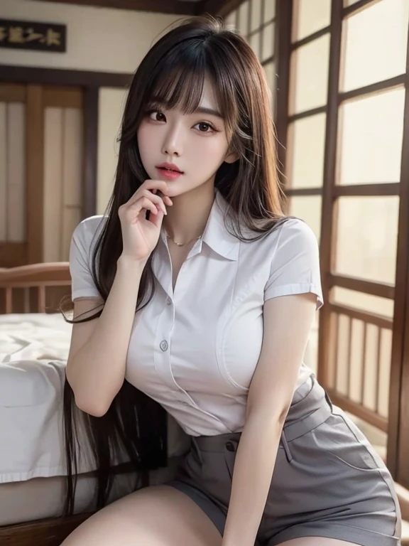 A cute Korean female star, in the classroom, pink long hair, wearing short skirt school uniform, wet clothes, delicate facial features, pink long hair, curly hair in big waves, slave, big breasts, with cleavage, background is classroom, 8k picture quality