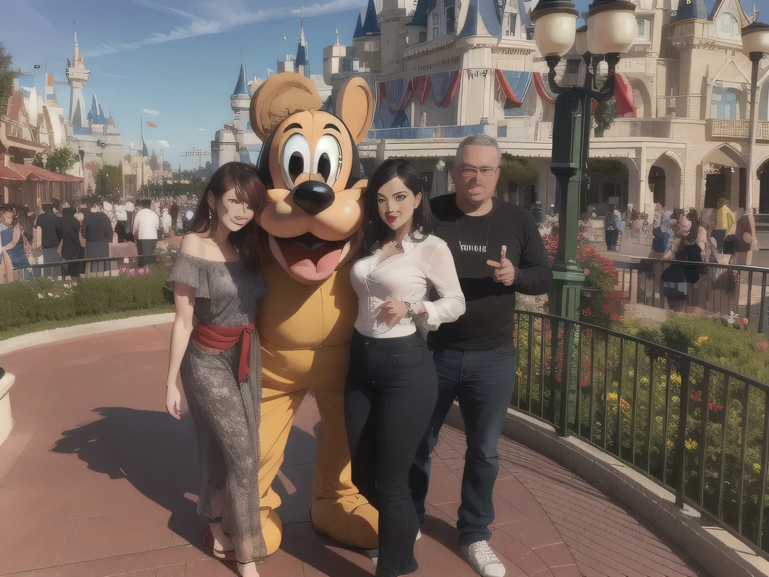 an American woman poses with a man and in front of a building, Disney World, Magic Kingdom, Walt Disney World, Disney!!, USA-September 20, at Disney, photo taken in 2015, Disney Land, Disney!!!! , goofy, anna, 8k Disney photo, vacation photo, in Orlando. A woman with white skin and dark hair. She is about 35 years old. Her slightly full and red lips are like a delicate flower, her dark brown, large and charming eyes seem to contain a world of wonders. Slim body. Thin waist. Her body exudes glamor and her face is the definition of beauty. Test, highly realistic, reddish skin, beautiful, slightly full lips, red lipstick, smiling, feeling of lightness and joy, hyper-realism, very elaborate skin, direct look. Full body photo, clear photo, high quality, high resolution, masterpiece, 8K.