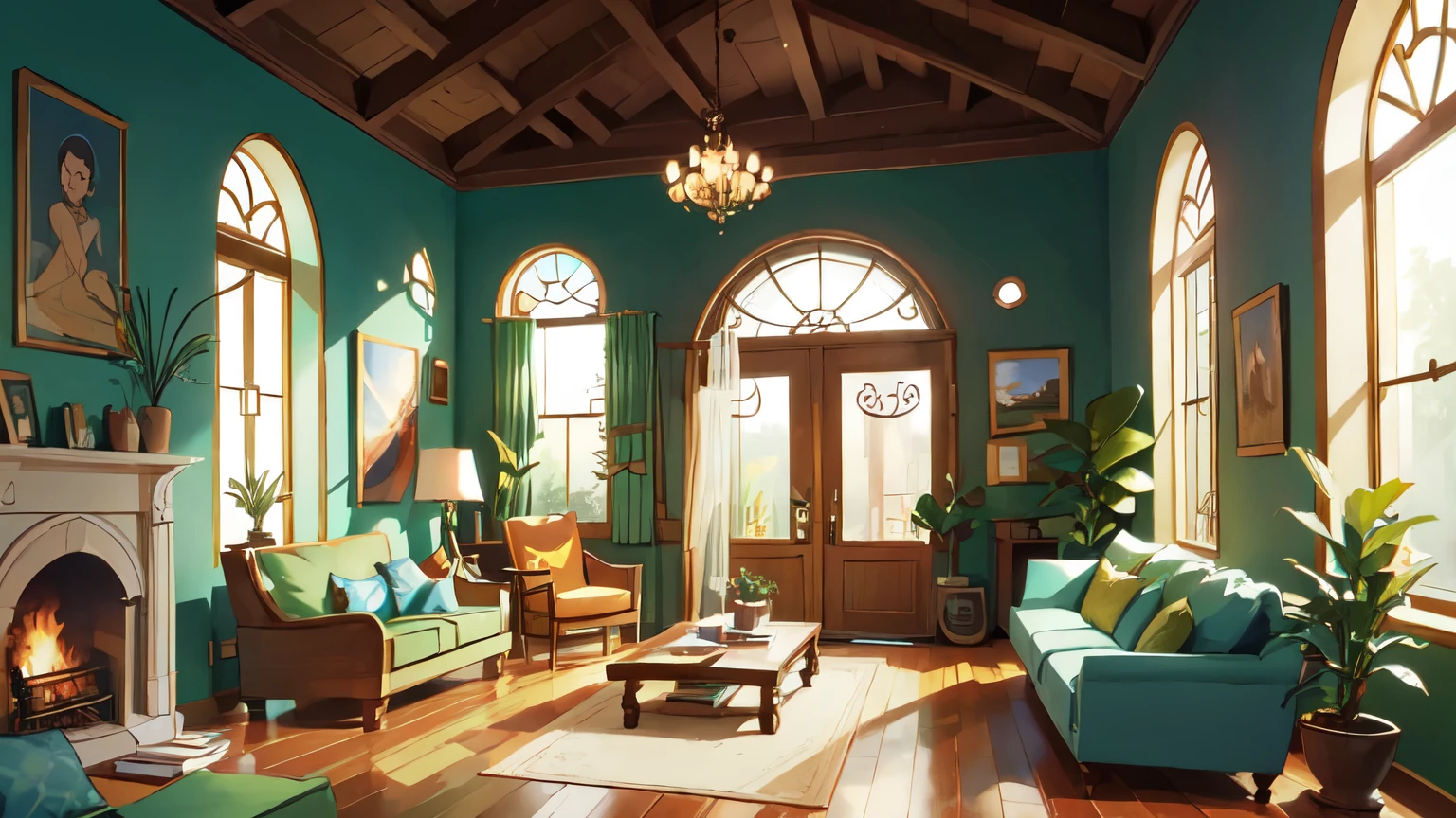 ((cartoon background)) of a Living room inside, from the inside, (cartoon style), brightly lit, sun rays shining through the windows, forest outside, arched wooden door with patterns, arched passage, semicircular ceiling, fabulous paving stone floor, walls partly made of wood, many flowers inside, the room is woven with homemade flowers, antique sofas, armchairs, windows in the ceiling, sunlight shining through the windows, a semicircular wooden door, a cabinet with pottery and dishes with Khokhlama painting, paintings hanging on the walls, a fireplace near one of the walls.
