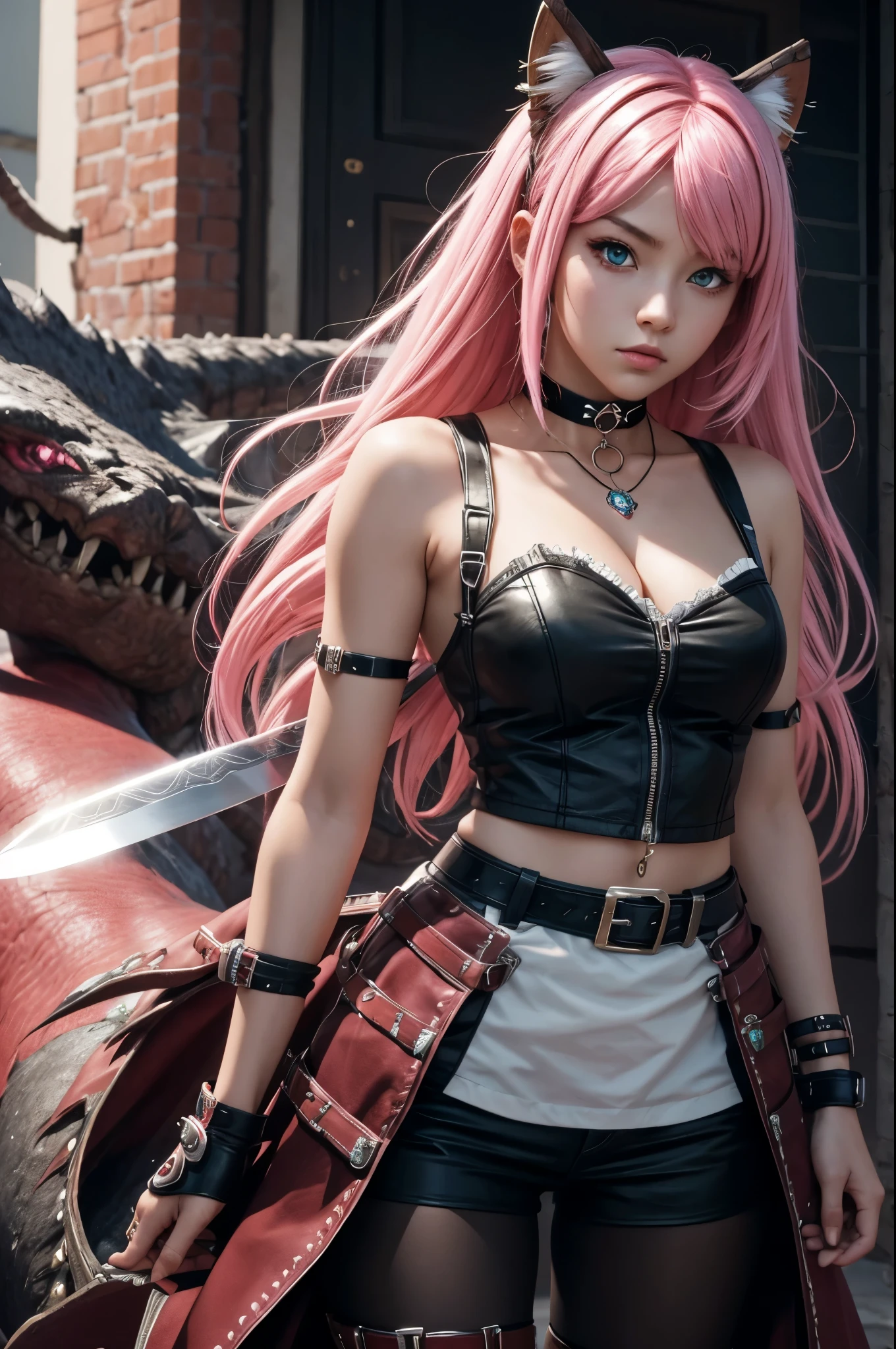 8k,4k,high resolution,high quality,Illust,anime,girl,pierce,choker,ring,knife,MONSTER HUNTER,pinkhair,,,,,,,,,