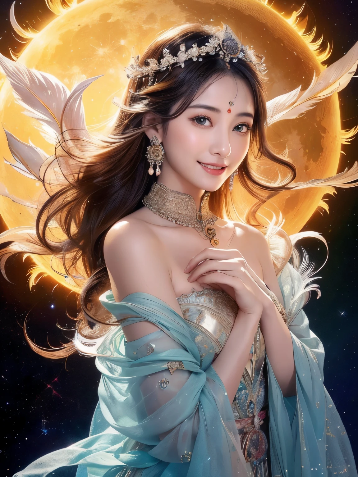 (Sun, moon and stars，night sky)，(​Masterpiece、top quality、top quality、official art、Exquisite and beautiful:1.2)、(1 girl in)、((Staff，Buddha&#39;s light，Current Ions，aurora))，Very detailed、(fractal art:1.3)、Colorful、most detailed,(Posture in motion:1.4)、Beautiful and delicate face with details、Beautiful and delicate eyes with details、Very fine eye definition, (symmetrical eyes:1.3),((natural smile)),Floral fragrance,feather、Goddess image
