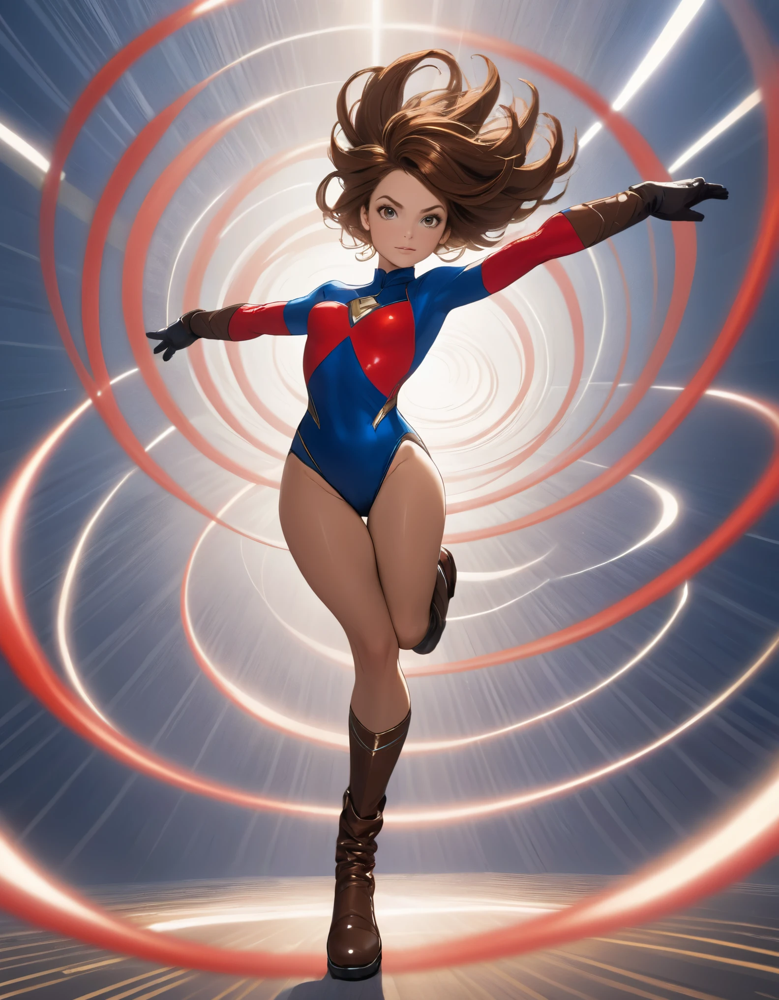 1girl, solo, solo focus, a female superhero spins in place like a tornado, medium breasts, leotard, red and blue leotard, bare legs, boots, matching boots, gloves, matching gloves, brown hair, full body, time travel