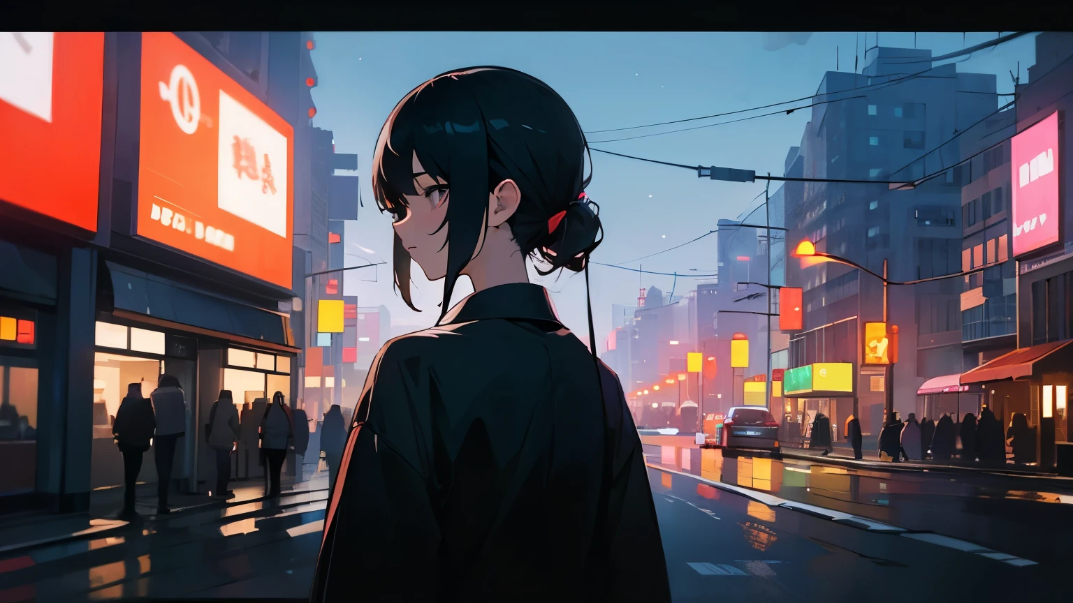 ((masterpiece))、((Ultra high definition))、very detailed、highest quality、((late night))、modern city、neon、street、cityscape、one girl、((detailed facial expressions))、relax、Chillout、((headphone))、black hair、((back view))、((silhouette))