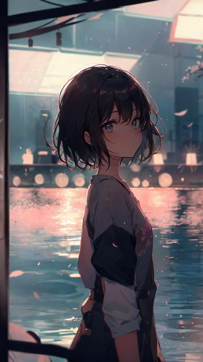 Product illustration of a girl in the rain,cherry blossoms,water中で,water