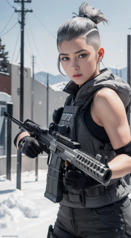 ((highest quality)), (masterpiece), realistic, photorealism, Girl aiming with assault rifle, battle pose, realistic, High resolution,snow background, look at the camera, (detailed face), (gray hair high top fade:1.3), swat vest, gun, jewelry,black gloves, my fingers are stuck