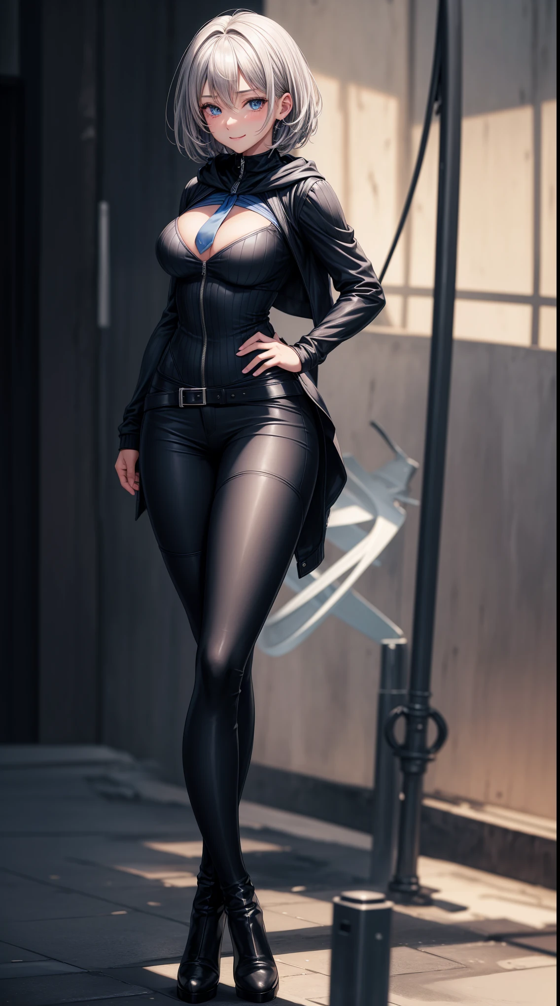 masterpiece, highest quality, high resolution, 1 girl, gray hair, short hair, blue eyes, medium breasts, OL, tie, black suit, pencil skirt, put your hands on your hips, outdoor,Idol Master,,anastasia,Knee-high boots,pantsスーツ,fighting pose,)
(masterpiece:1.3),(very detailed:1.3),(High resolution:1.1),highest quality,Super detailed,1 girl,alone,cm \(The ultimate holiday\),hoodie,pants,looking at the viewer,smile,blush,