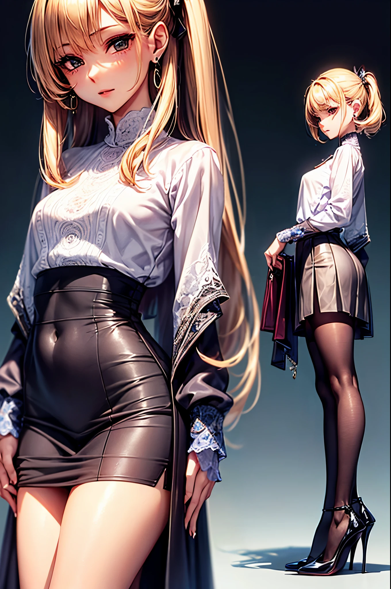 ((Biologically correct number of limbs))、4K、masterpiece、((focus on the face))、((Symmetrical facial features))、Eyes with detailed description、Beautiful woman、outstanding style、beautiful arms、beautiful legs、beautiful hands、(small ass、thin thighs)、Detailed depiction of faces、small earrings、(shirt、skirt、high heels、stockings)、close up of face、(shy look)、