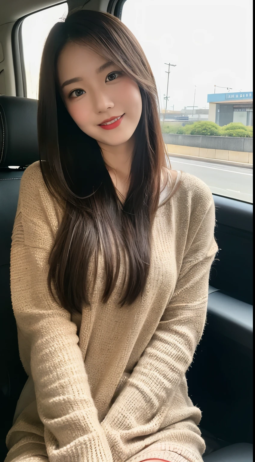 Hakata Station in Japan、Winter clothes、long sleeve、The car is a light minivan. chest is small、A woman is seated in the rear seat, facing towards us. She is dressed in winter clothing, with her upper body down to her thighs visible、sitting in the back seat of a car, car seats are red、car is jeep、服はおしゃれなWinter clothesを着ている、highest quality, figure, super detailed, finely, High resolution, 8k wallpaper, 完璧なダイナミックな構figure, beautiful and fine eyes, dress,medium hair, middle of chest, natural color lip, random sexy poses,smile,tower apartment
