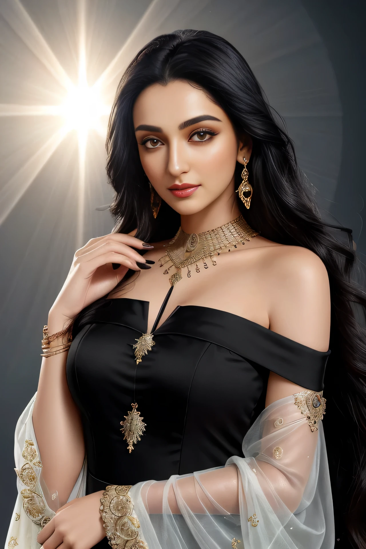 full body portrait of A confident-looking indian woman princess with long flowing hair, hazel eyes, with flowing see-through royal black saree and breast visible see-through blouse, wearing designer jewellery, designer royal black saree, a crown on head, visible c-cup breast sitting on shopping mall of dmart, palace background, bokeh perfect composition, hyperrealistic, super detailed, 8k, high quality, trending art, trending on artstation, sharp focus, photo shoot, intricate details, highly detailed, art by greg rutkowski