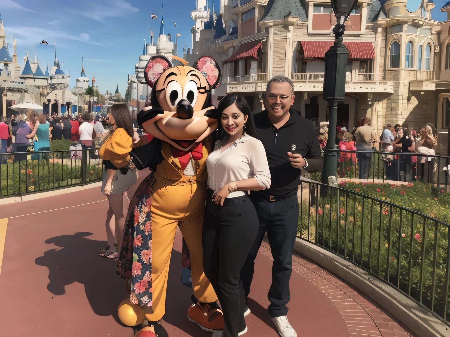 an American woman poses with a man and in front of a building, Disney World, Magic Kingdom, Walt Disney World, Disney!!, USA-September 20, at Disney, photo taken in 2015, Disney Land, Disney!!!! , goofy, anna, 8k Disney photo, vacation photo, in Orlando. A woman with white skin and dark hair. She is about 35 years old. Her slightly full and red lips are like a delicate flower, her dark brown, large and charming eyes seem to contain a world of wonders. Slim body. Thin waist. Her body exudes glamor and her face is the definition of beauty. Test, highly realistic, reddish skin, beautiful, slightly full lips, red lipstick, smiling, feeling of lightness and joy, hyper-realism, very elaborate skin, direct look. Full body photo, clear photo, high quality, high resolution, masterpiece, 8K.