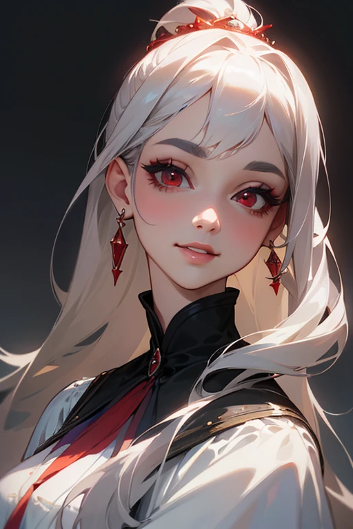 (highest quality, masterpiece:1.2), High resolution, Super detailed, realistic:1.37, fantasy, An illustration,gray hair、 red eyes、Queen, white dress.platinum decoration、beautifully、Eyeshadow Red、dark eyebrows、long eyelashes、pupils are black、shiny on the lips、upper site、Queen、Princess、ponytail、gentle smile、Show your teeth a little and smile、soft expression、