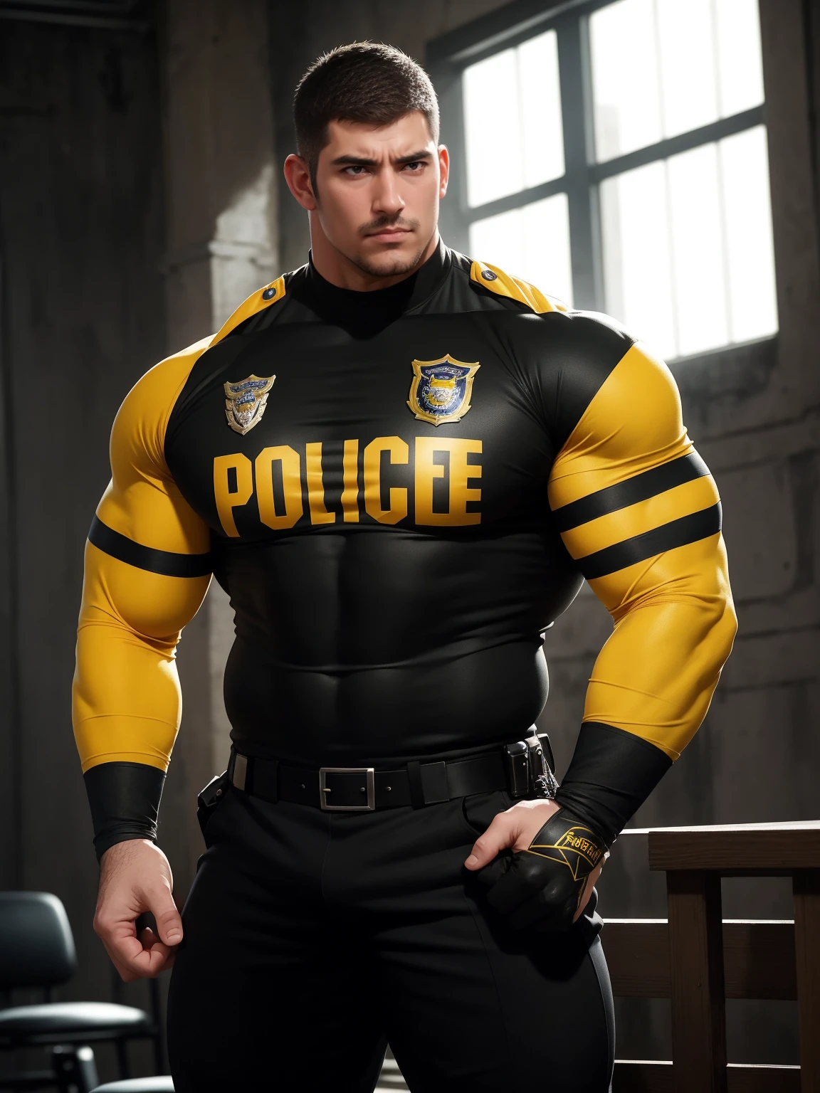 One Tall giant muscular police officer, Yellow and black police uniform, The expression is arrogant, Lift your chin, disheveled hair, thick thighs, Yellow and black police officer T-shirt, Very tight, Accentuate muscles, Police uniform pants, character concept(Resident Evil - chris redfield, chris redfield)proud expression, Deep and charming eyes, heroic male pose, tall burly, muscular!muscular thighs, tough guy, perfect facial features, High, burly, Heqiang, Super gain and cool, high resolution committee, Charming strong man, The bright sunshine shines on my face through the window