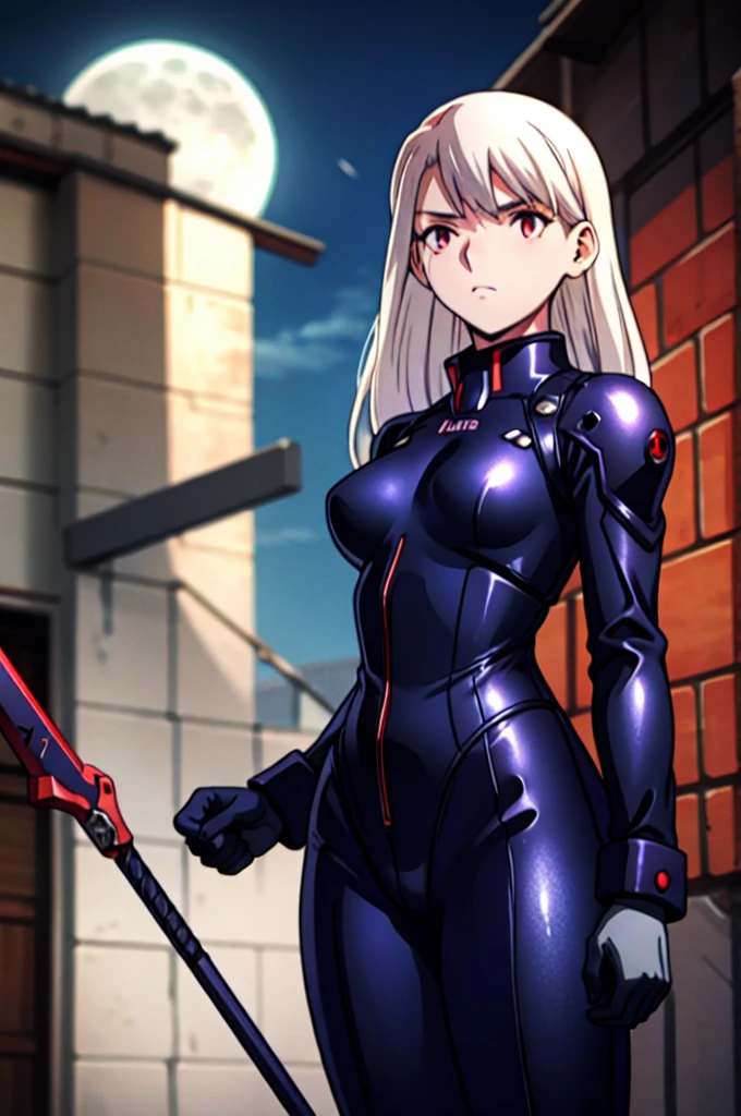  illyasviel_von_einzbern in the style of evangelion, shiny_skin, (clothe inspired by evangelion, aliens, gunbuster, gunnm, metal gear, death stranding), impossible_clothes, bodysuit, white & red bodysuit, suit, pilot suit, jumpsuit, plugsuit, armor, shiny_clothes, jacket, cybernetics suit, gloves, gainax anime style, studio gainax art, studio gainax illustration, inspired by Masamune Shirow, studio gainax, big breasts, two_side_up, full body, can't be this cute, girl on top, long_hair, white_hair, silver_hair, floating_hair, hair_between_eyes, asymmetrical hair, red_eyes, looking_at_viewer, outdoors, holding, holding_weapon, Spear of Longinus, cowboy_shot, background, glowing, moon, red, red moon, full_moon, moonlight, star_(sky), night, city, building, cityscape, science_fiction, ((mature female, mature, milf)), 