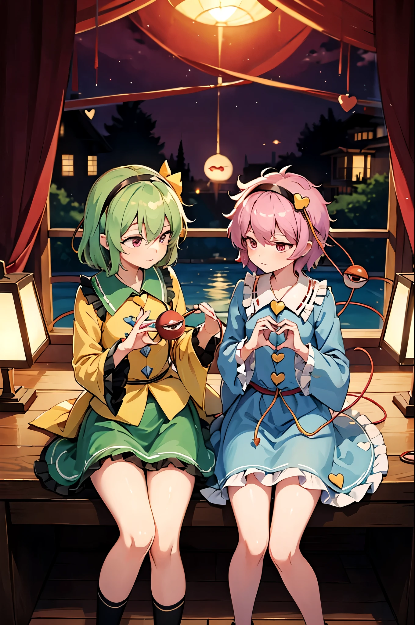 masterpiece, best quality, extremely detailed, anime, 2girls,(((touhou project))),(((Komeiji Satori))),,(((Komeiji Koishi))),(((heart hands)))