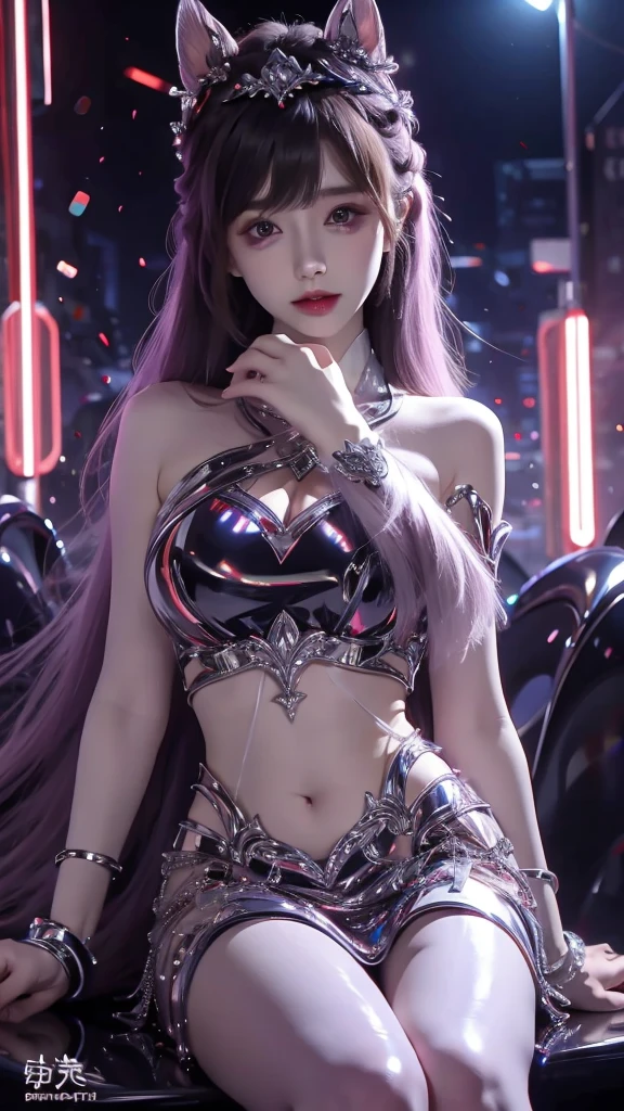 4k ultra hd, masterpiece, high details, a girl, cute face, detailed eyes, long hair, detailed lips, medium breasts, red lights on dress, Cyberpunk red dress, red neon lights connected on dress, neon breasts, bare waist, red electric current effect, glowing effect, direct-x 2.0 visual effect, high graphic night lights, spreading light, red light reflection, light reflection on road, everywhere spreading red lights, neon lights, sitting, whole body capture,