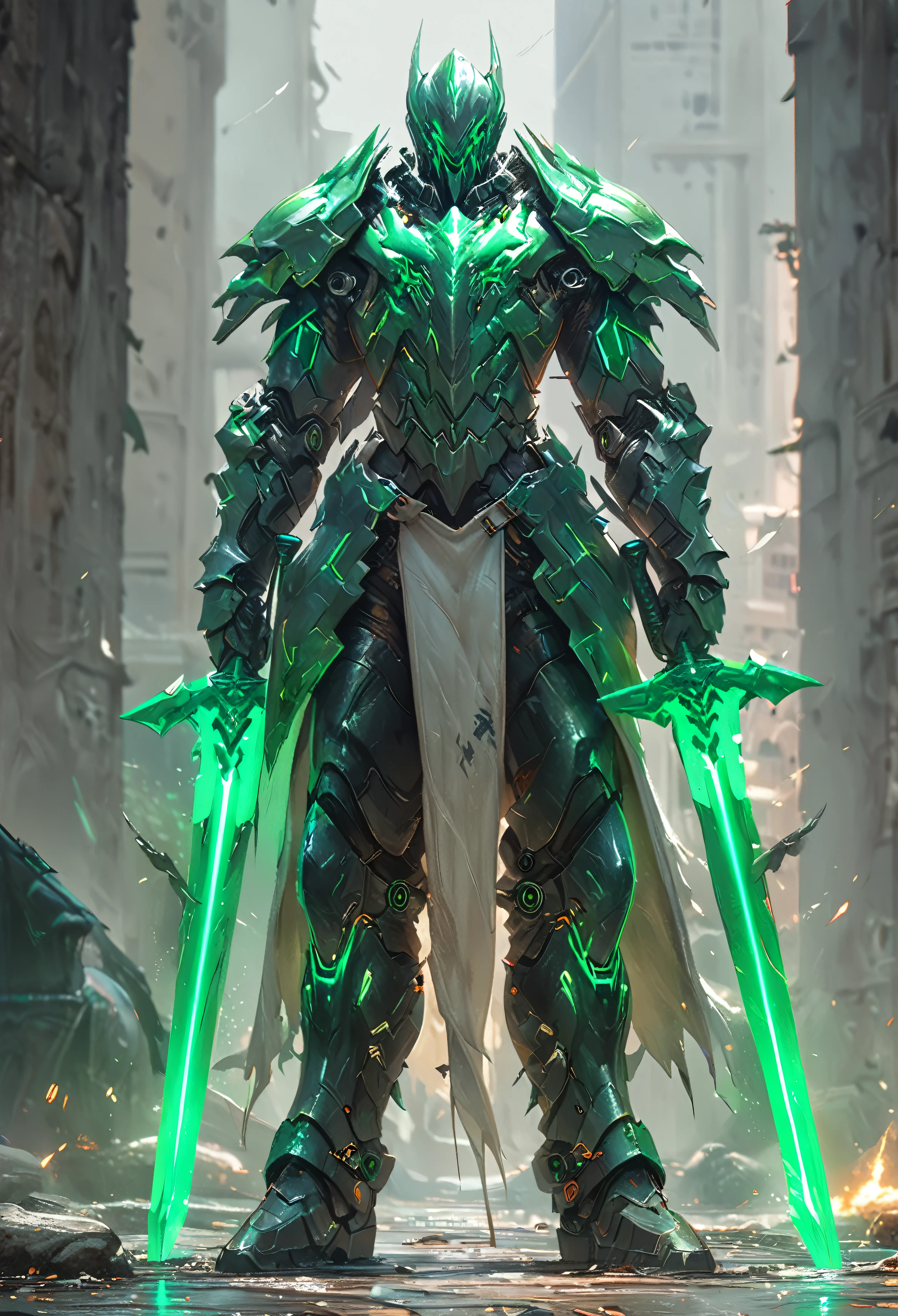 a person holding a sword in a city, concept art by Yang J, trending on Artstation, fantasy art, from arknights, glowing green soul blade, style of raymond swanland, anime concept hdr anime macmanus, trending on artstation:3, death knight, genji, arknights, reaper from overwatch, king of time reaper, (Dragon Guard  ARM, GLOVES), (white, BLACK), (MECHA CYBER  SHINY ARMORED SUIT, A PAIR MECHANICAL ARMOR:1.4)