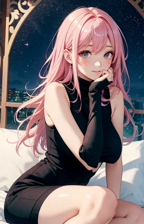 masterpiece、highest quality、High resolution、high quality images、8K, 1 female、skin luster、Texture of skin and clothing、Expression of fine eyes、Shiny pink hair,long pink hair girl, Manga inspired by Lee Jong-suk, trending on deviantart, realism, detailed manga style, manga art style, perfect line drawing, beautiful line drawing, digital manga art girl, K-POPアイドル, dress, Beautiful pink eyes, plump lips, detailed gorgeous face, (cute smile), charm, innocent, Side view, (perfectly detailed face), (fine hands) photorealistic images, Depth of written boundary, half up hairstyle, (Dark blue turtleneck sleeveless knit)、pencil skirt , corolla , cloud，sky sky，night ,star, garden,Rose,The skin is delicate，建物の前にはBlue Roseが咲いている, rose background, rosette, beautiful flower garden, Pastel Roses, blue flower, beautiful and aesthetic, Heavenly Blue,  beautiful aesthetics, Pale blue shade, shades of blue, lying on a rose, rose background, pastel overflow, Blue Rose
