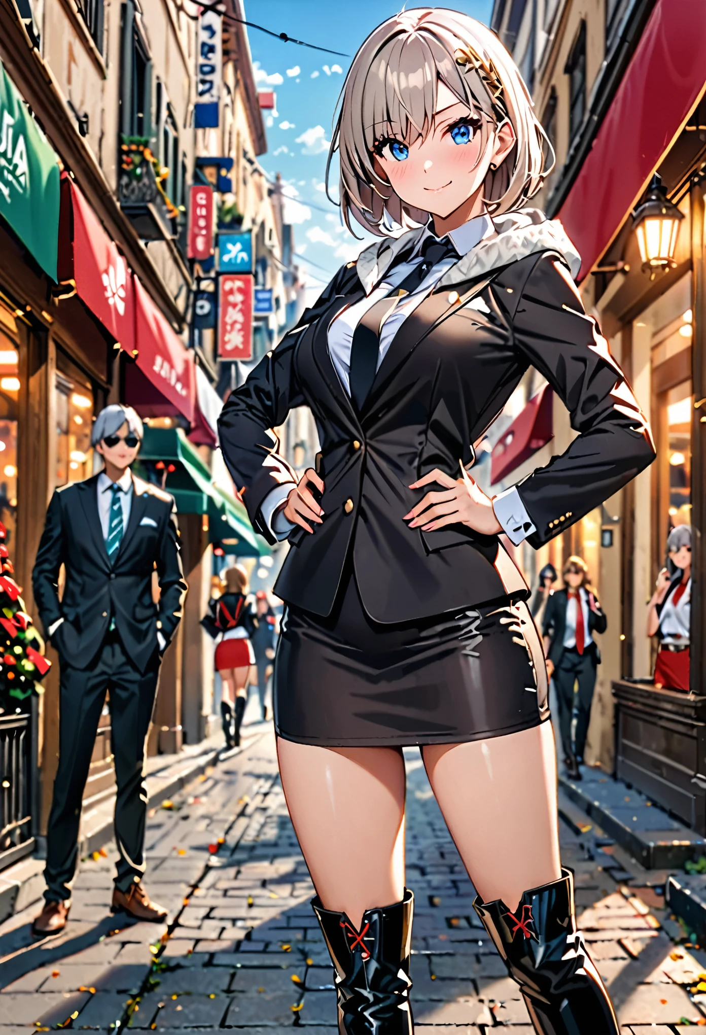 masterpiece, highest quality, high resolution, 1 girl, gray hair, short hair, blue eyes, medium breasts, OL, tie, black suit, pencil skirt, put your hands on your hips, outdoor,Idol Master，，anastasia，Knee-high boots，pantsスーツ,fighting pose,)
(masterpiece:1.3),(very detailed:1.3),(High resolution:1.1),highest quality,Super detailed,1 girl,alone,cm \(The ultimate holiday\),hoodie,pants,looking at the viewer,smile,blush,