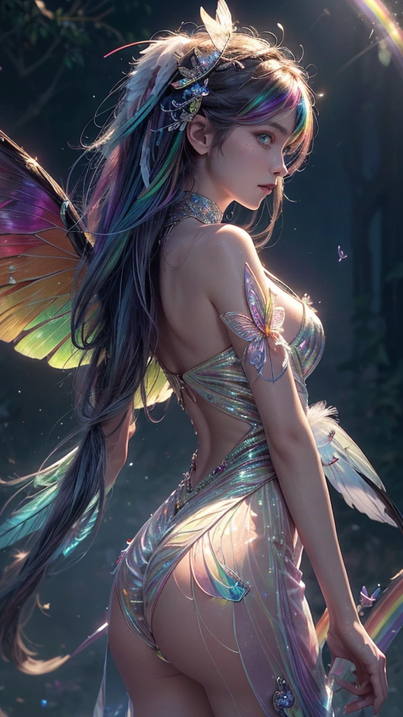 (Masterpiece), (Top Quality), ((Ultra Detail)), (High Resolution), (Very Detailed CG Illustration), ((Very Delicate and Beautiful)), (Sharp Focus), Cinematic Light , amazing fantasy art, mythical fantasy, dreams, ((Rainbow)), fairy tales, mystical and magical powers, 1girl, front facing, beautiful face, detailed and perfect face, (transparent beautiful rainbow colored butterfly wings) ), light blue eyes, big breasts, slim waist, big butt, butterfly wings, silk, exquisite embroidery, costume with subtle rainbow details, (((translucent rainbow feathers))), dream colors, dynamic lighting, colorful magical birds, jewel-colored butterflies that give off a magical aura, the latest trending fantasy art, professional lighting that creates depth and mood (with a full moon in the background), (depth field: 1.3), blurred,
