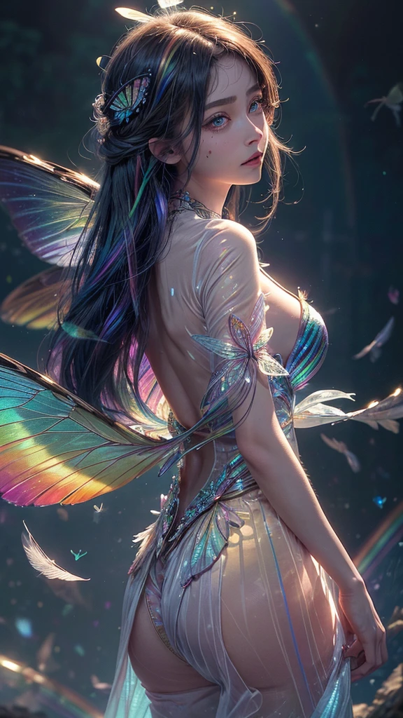 (Masterpiece), (Top Quality), ((Ultra Detail)), (High Resolution), (Very Detailed CG Illustration), ((Very Delicate and Beautiful)), (Sharp Focus), Cinematic Light , amazing fantasy art, mythical fantasy, dreams, ((Rainbow)), fairy tales, mystical and magical powers, 1girl, front facing, beautiful face, detailed and perfect face, (transparent beautiful rainbow colored butterfly wings) ), light blue eyes, big breasts, slim waist, big butt, butterfly wings, silk, exquisite embroidery, costume with subtle rainbow details, (((translucent rainbow feathers))), dream colors, dynamic lighting, colorful magical birds, jewel-colored butterflies that give off a magical aura, the latest trending fantasy art, professional lighting that creates depth and mood (with a full moon in the background), (depth field: 1.3), blurred,