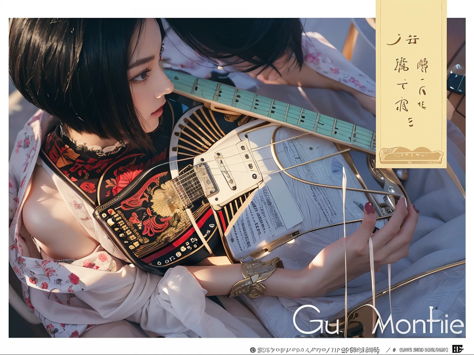 (Best quality, 8k, 32k, Masterpiece, UHD:1.2) "Generate a captivating artwork featuring a young Japanese girl model with short, sleek black hair styled in a chic bob haircut. Envision her bathed in dramatic cinematic lighting, creating an atmosphere of allure and mystery. Emphasize a romantic aesthetic vibe, showcasing the model in a poised and elegant pose that evokes a sense of intimacy and sophistication. Utilize warm and soft tones to enhance the romantic ambiance, and consider incorporating elements like flowing fabrics or flowers to add a touch of ethereal beauty. Capture the essence of romance and beauty through the model's expression, the play of light and shadows, and the overall aesthetic, creating a visually compelling and emotionally resonant piece." (perfect eyes), flawless skin, flawless face, cinematic, tight body, ((well-proportion female hands)), ((female hands with five digits)) ((Body is well proportioned)), ((chic bob haircut)), soft focus ((Short Black Hair)), ((guitar))