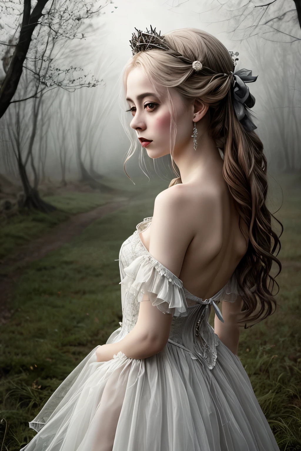 In the enchanting realm of Tim Burton's whimsical imagination, a very sad clown girl emerges. Nestled amidst a pastoral setting, bathed in the subtle glow of twilight, she stands with her back to us, her invisible clothes hanging delicately on a string, displaying 99% transparency. The foggy atmosphere softens the edges, creating a watercolor effect with fine drawing, intricately detailing her ethereal beauty. Despite her stark nakedness, she personifies an air of melancholic splendor, her delicate features etched with sorrow and vulnerability.

Her rococo surroundings complement her hyperrealistic form, adorn