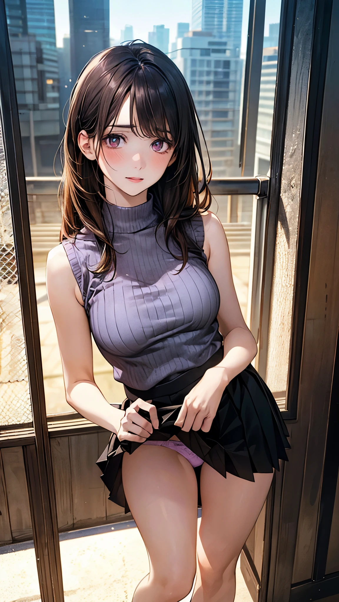 (masterpiece:1.2, top-quality), (realistic, photorealistic:1.4), beautiful illustration, (natural side lighting, movie lighting), nsfw,
(looking to the side), (full body, front view), (panty shot), 1 girl, japanese, high school girl, perfect face, cute and symmetrical face, shiny skin,
(long hair, straight hair, light brown hair), asymmetrical bangs, brown eyes, long eye lasher, (medium breasts), slender,
beautiful hair, beautiful face, beautiful detailed eyes, beautiful clavicle, beautiful body, beautiful chest, beautiful thigh, beautiful legs, beautiful fingers,
purple lace panties, ((gray purple sleeveless high neck sweater, black pleated skirt)), ((skirt lift by myself)),
(beautiful scenery), evening, (city), standing, (embarrassed, upper eyes, close mouth),
