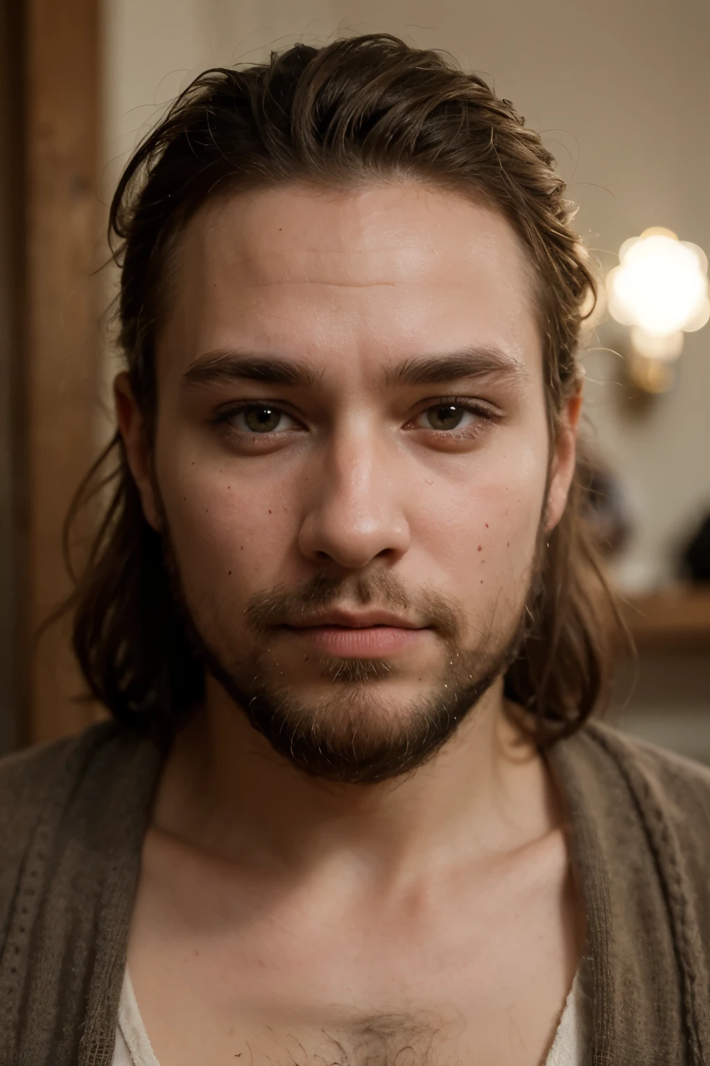 ((best quality)), ((masterpiece)), (detailed), a Dwarf face with brown hair light brown skin and a medium sized beard. He has scars on his right cheek, on his forehead and a cut on his left eye