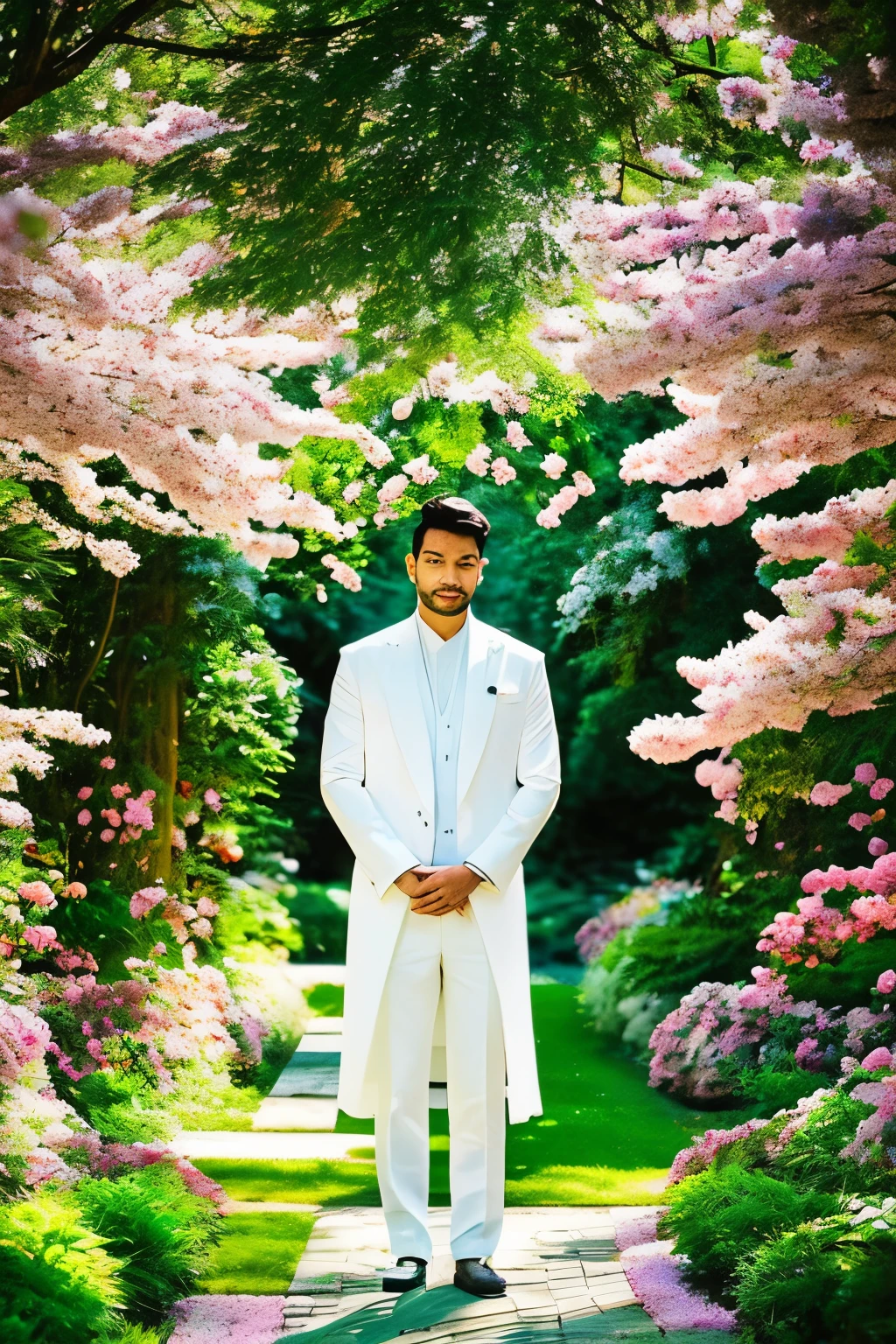 A highly realistic photo of a man in a stunningly beautiful garden, dressed in a pristine white outfit. The man stands tall and serene amidst a backdrop of vibrant blooms, with each petal rendered in intricate detail. The sunlight filters through the foliage, casting dappled patterns on the man's face and clothing. His expression is peaceful and contented as he gazes out at the expanse of greenery before him. The overall image exudes a tranquil and idyllic atmosphere.
