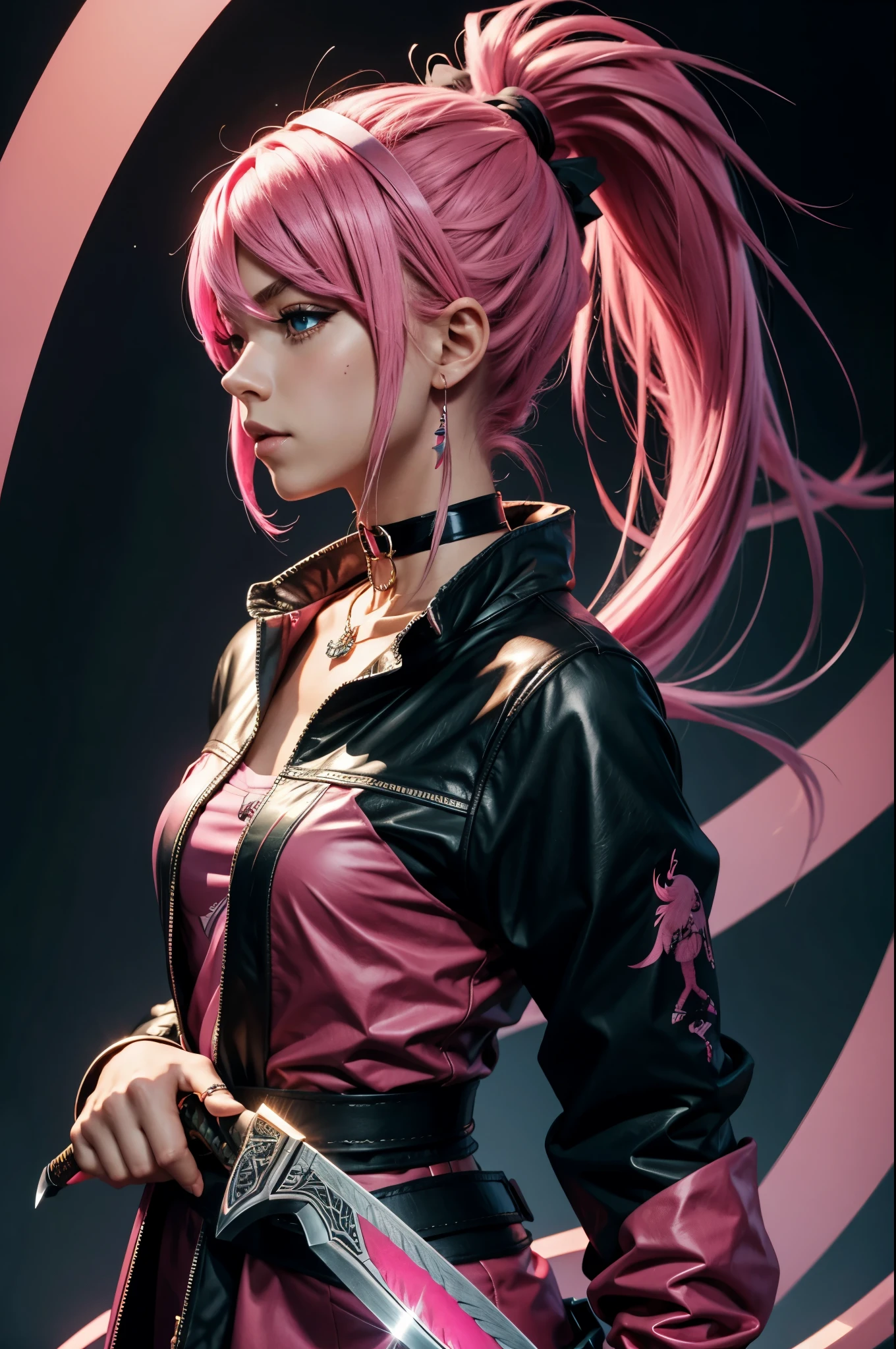 8k,4k,high resolution,high quality,Illust,anime,girl,pierce,choker,ring,knife,MONSTER HUNTER,pinkhair,ponytail,,,,,,,,