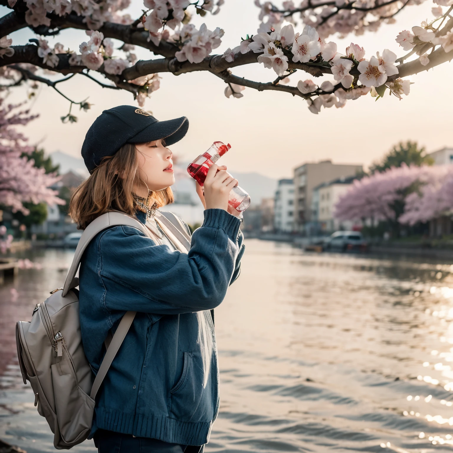 Portrait photography of a beautiful woman wearing a backpack, standing under a big cherry blossom tree, looking forward, holding a bottle of drink in hand, drinking and meditating