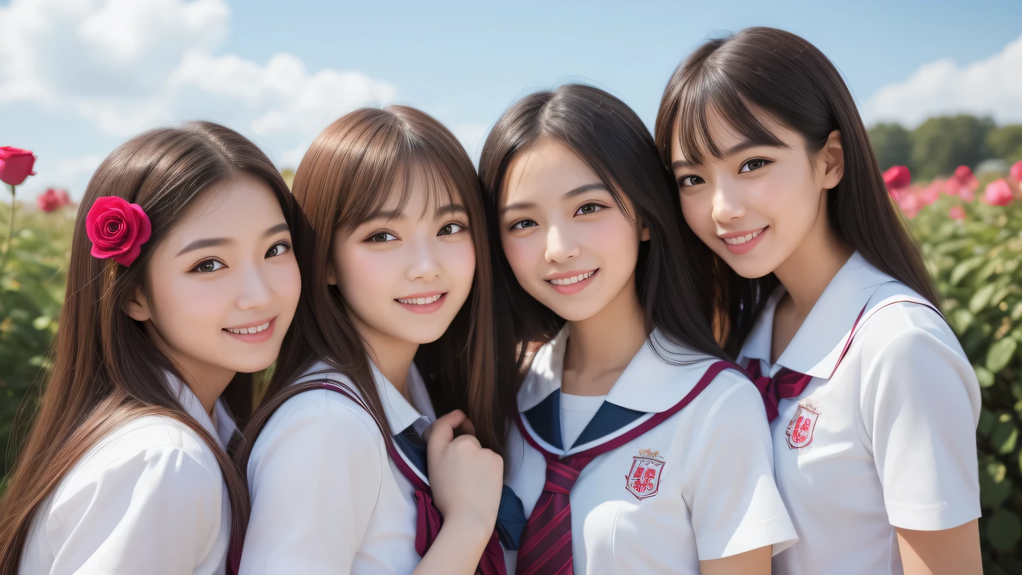 (1girl), (big smile), beautiful face, Amazing face and eyes, delicate, (Best Quality:1.4), (Ultra-detailed), (extremely detailed beautiful face), (princess hair cut style), cute smile, brown eyes, (highly detailed Beautiful face), (short sleeves school uniform:1.3), (extremely detailed CG unified 8k wallpaper), Highly detailed, High-definition raw color photos, Professional Photography, Realistic portrait, evening, Extremely high resolution, smiling, modern, trendy, fashionable, Group photo of high school girls, face close-up, pink Flower field, many rose flowers,