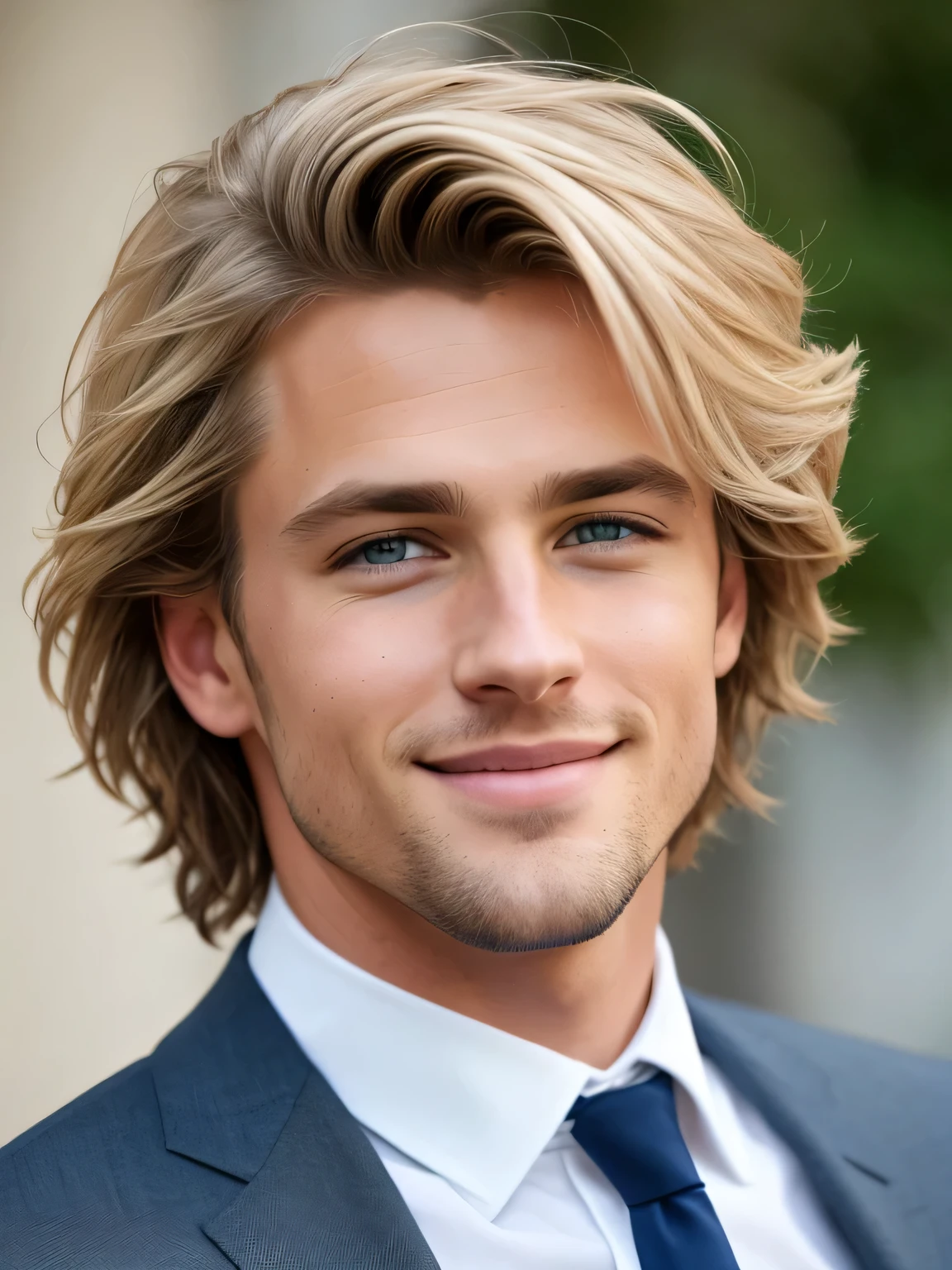 photo of a stunning handsome man, Blue eyes, Short, Disheveled, blonde hair, hair flipping, close-up, enlarged in a narrow frame, full height, (Photorealistic:1.2) (hips:1.2) (Best quality) (Color correction) (detailed skin:1.3) (difficult) (8 k) (HDR) (cinematic lighting:1.3) (sharp focus), wild hair, looks at the camera, smiling, A slight smile, in a wedding suit, laughs, happy, seductive look