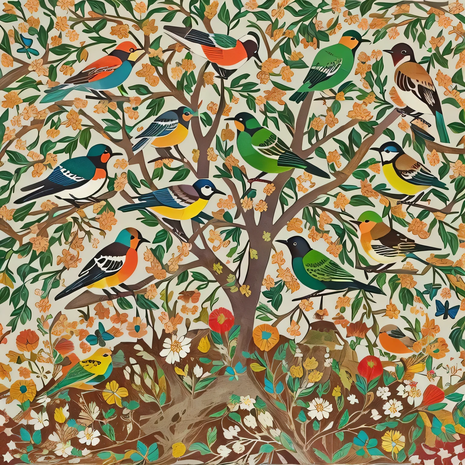there are many birds sitting on a tree in the middle of a field, birds on cherry tree, birds and butterflies, birds and trees, butterflies and birds, beautiful art, very detailed birds, flora and fauna, by Janet Archer, insects and birds, mystical birds, bird flocks!!, jane newland, beautiful artwork, inspired by Charles Ginner