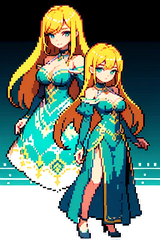 (Pixel art:1.2)、woman wearing a dress、20age、whole body、off shoulder dress、long hair、blonde、eye color is blue、sexy、1Bust Up