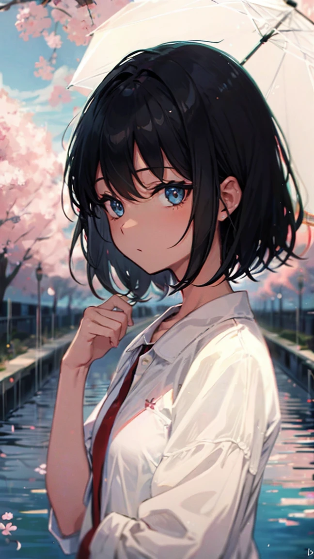 Product illustration of a girl in the rain,cherry blossoms,water中で,water,black hair,short bob