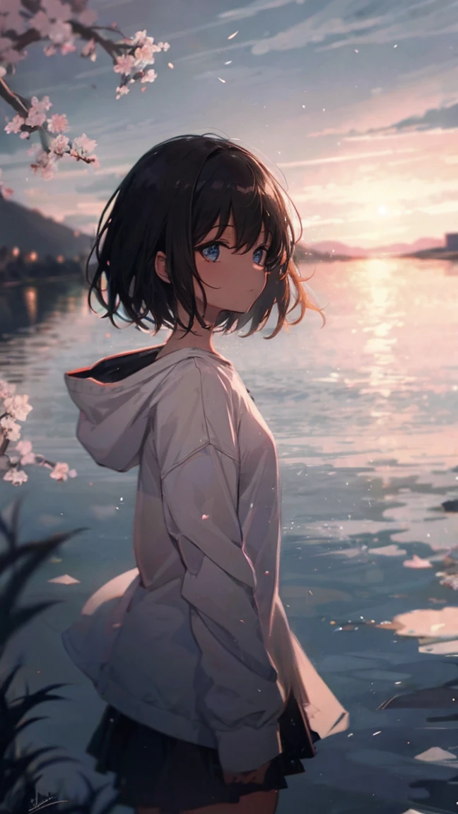 Product illustration of a girl in the rain,cherry blossoms,water中で,water,black hair,short bob
