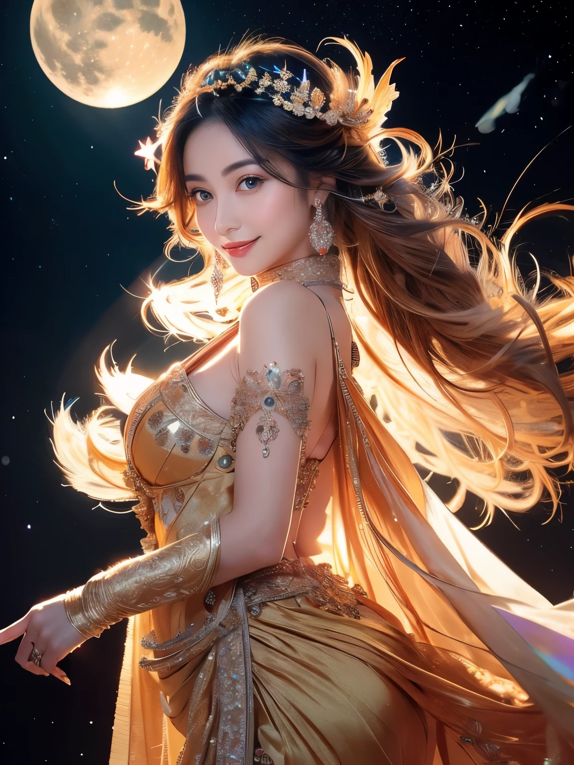 (Sun, moon and stars，night sky)，(​Masterpiece、top quality、top quality、official art、Exquisite and beautiful:1.2)、(1 girl in)、((Staff，Buddha&#39;s light，Current Ions，aurora))，Very detailed、(fractal art:1.3)、Colorful、most detailed,(Posture in motion:1.4)、Beautiful and delicate face with details、Beautiful and delicate eyes with details、Very fine eye definition, (symmetrical eyes:1.3),((natural smile)),Floral fragrance,feather、Goddess image