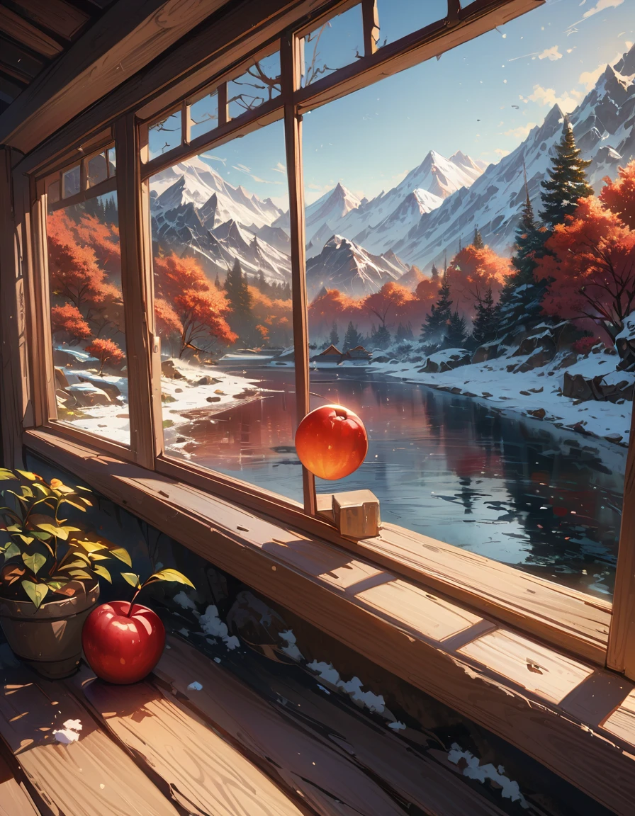 The scenery outside the window，snow mountain，Red plum，creek，8K，masterpiece，Ultra-fine，Rich details，realistic raytracing，OC Renderer First Person Perspective，（（（masterpiece）））， （（best quality））， （（intricate details））， （（surreal））（8K）
