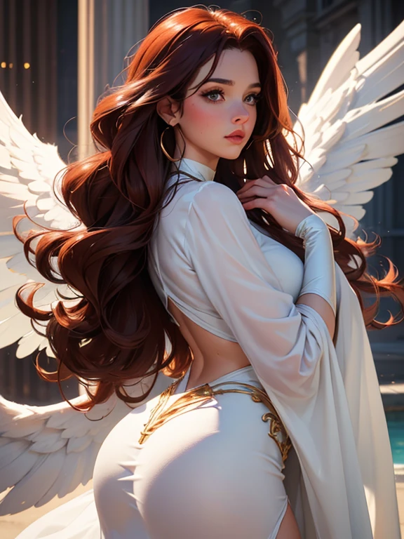 (best quality,8k:1.2,high resolution:1.2),epic cinematic image,glorious appearance,ultra-detalhado,Realistic,vintage godess female,long red curly hair,rosto extremamente detalhados,long eyelashes,big angel wings,soft white dress,suntan tights,metalic accessories,Physically-based rendering,sharp focus,natural lighting