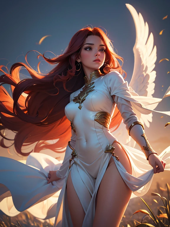 (best quality,8k:1.2,high resolution:1.2),epic cinematic image,glorious appearance,ultra-detalhado,Realistic,vintage godess female,long red curly hair,rosto extremamente detalhados,long eyelashes,big angel wings,soft white dress,suntan tights,metalic accessories,Physically-based rendering,sharp focus,natural lighting